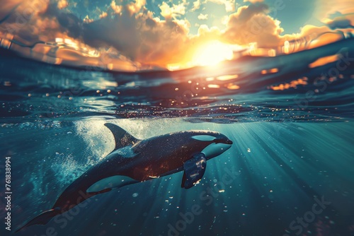 Dolphin Swimming in Ocean at Sunset photo