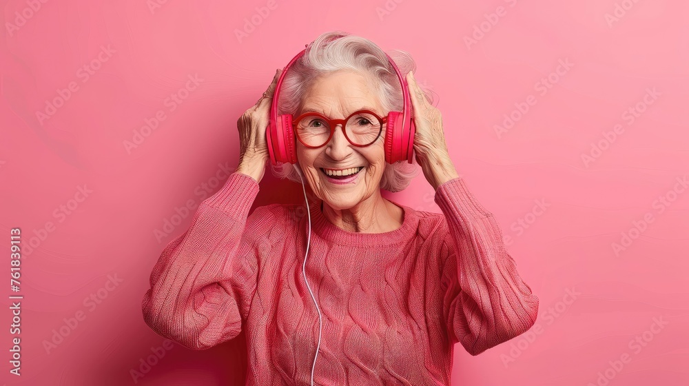 Joyful elderly lady with pink headphones on a pink background.