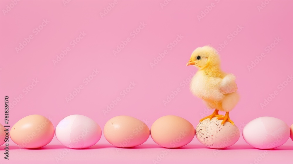 Newly hatched chick atop an egg against pink backdrop. Springtime symbol, a chick on an egg row. Adorable baby chicken balancing on an egg, Easter theme. Newly hatched chick atop an egg against pink backdrop. Springtime symbol, a chick on an egg row. Adorable baby chicken balancing on an egg, Easter theme.