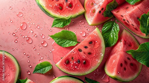 Fresh watermelon slices with summer dew on vibrant red. Juicy watermelon and glistening water drops, freshness concept. Hydrating fruit, watermelon freshness on a summer day.