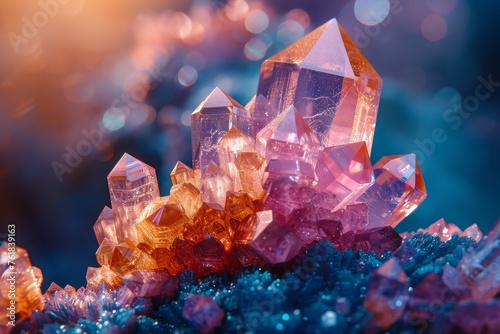 Luminous crystal cluster macro shot with bokeh backdrop. Radiant quartz formation in close-up  glowing with natural light. Sparkling mineral beauty captured in stunning detail against a bokeh effect.