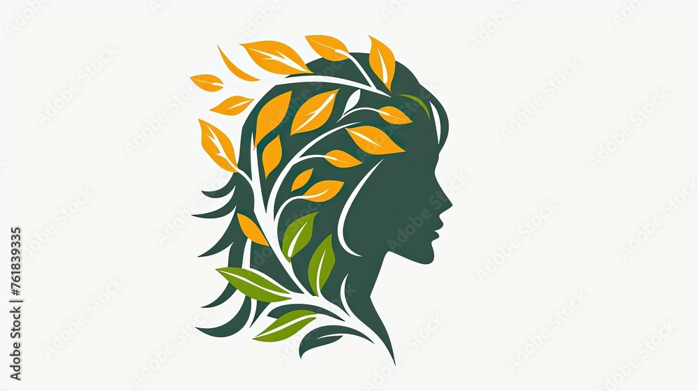 Green and orange leaf silhouette forming a woman’s profile. Green and orange leaf silhouette forming a woman’s profile.