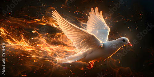 Flying white dove with fire effect on dark background, symbol of peace
