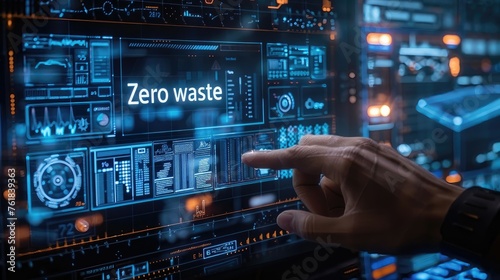 Hand interacting with Zero Waste concept on futuristic screen.