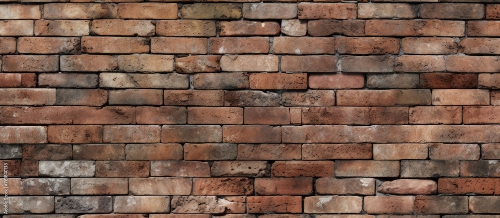 A detailed image showcasing a brown brick wall composed of various bricks. The brickwork is a composite material creating a sturdy facade