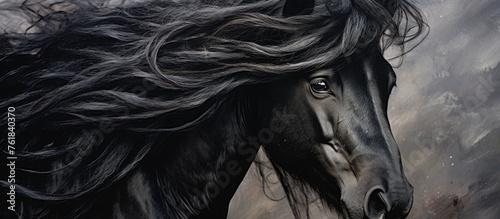 A detailed painting of a black horse with long hair, set against a background of grey, with intricate patterns. The art captures the animals beauty and strength, highlighted by the dark wood framing © 2rogan