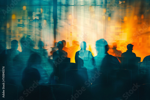Silhouetted people against a blurred colorful background