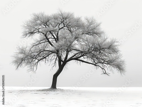 Lone Tree Standing in a Snowy Field During a Peaceful isolated on white 