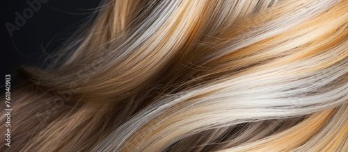 A closeup shot of a womans peachcolored hair on a dark brown background, highlighting the intricate pattern of her blonde locks