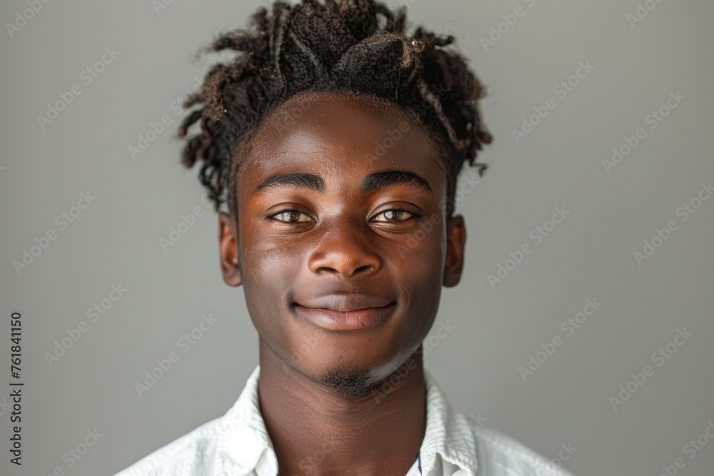 A young man with a shaved head and a white shirt is smiling A young man with a shaved head and a white shirt is smiling