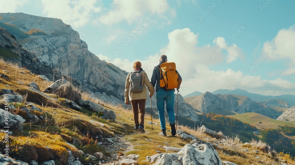 Obraz premium Senior Couple with Backpacks Hiking in Mountains