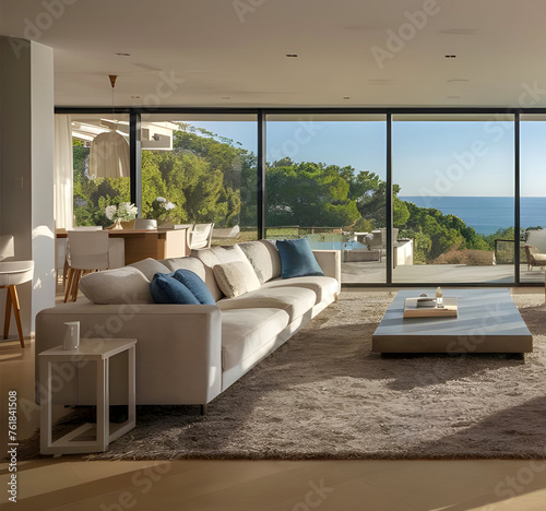 Luxury villa with terrace and floor to ceiling panoramic window with amazing sea view. Interior design of modern living room. Created with generative AI