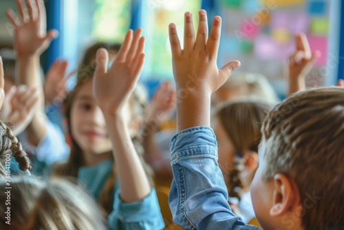 A group of children are raising their hands in a classroom