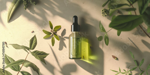 Essential Oil Bottle Surrounded by Lush Greenery in Sunlight