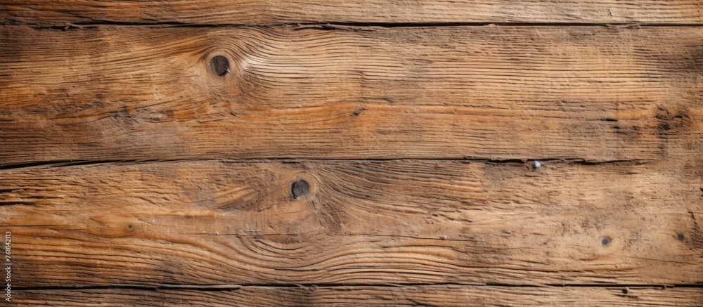 Fototapeta premium A closeup shot showcasing a beautiful wooden table with a background of hardwood flooring. The rich brown wood stain and varnish highlight the intricate patterns of the plank