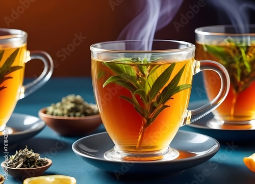 Cup of tea with herbal tea leaves on a table. hot beverage illustration