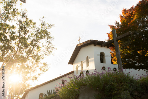Purple flowers with historic mission background in downtown San Luis Obispo, California, USA.