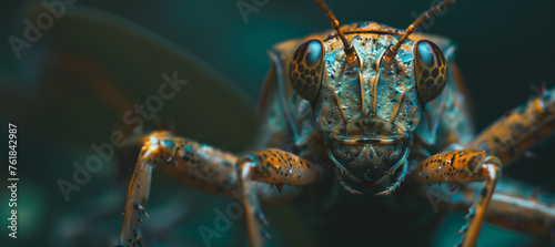 macro of a scary grasshopper face