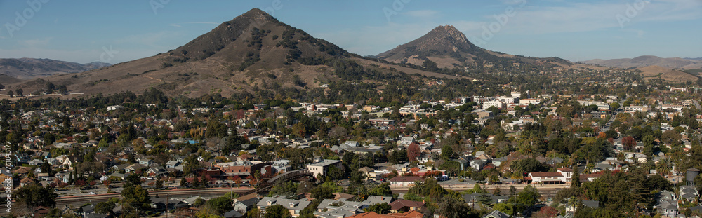 San Luis Obispo, California, USA - December 3, 2021: Aerial view of afternoon light shining on the historic buildings of the downtown core.