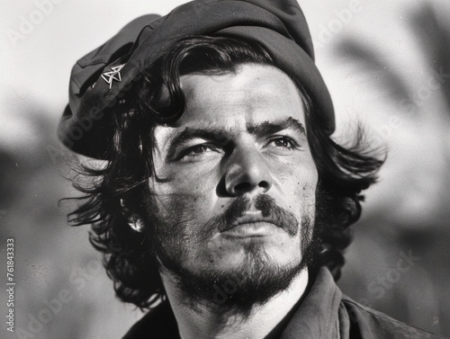Black and white portrait of Che Guevara, Marxist revolutionary and guerrilla leader, looking determined. photo