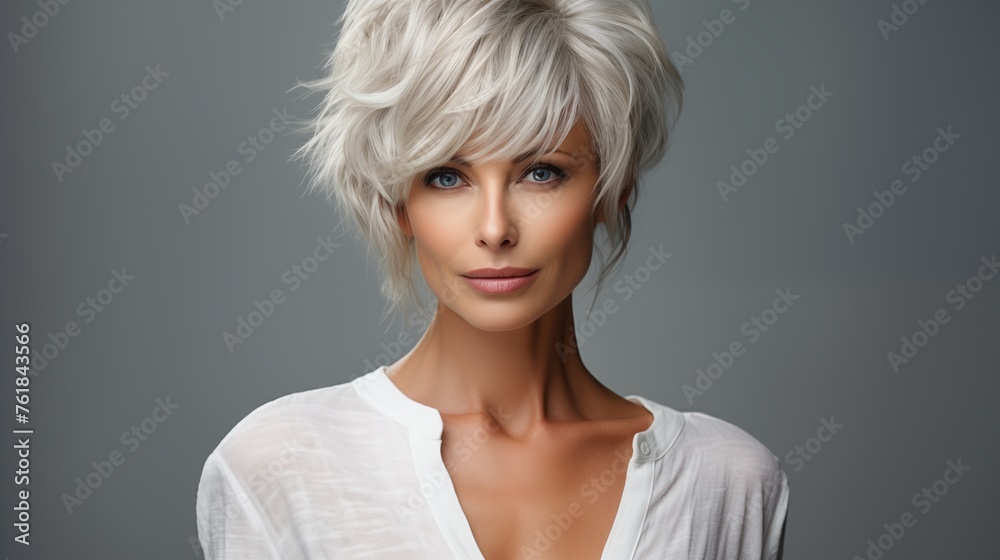 Picture depicting a Beautiful mature lady of Caucasian descent, gazing at the camera in a studio environment with a gray background, showcasing a Bangs haircut
