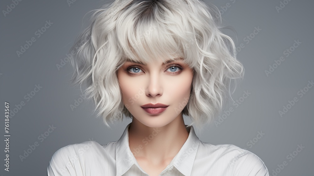 Studio image capturing a Stunning white woman with mature features, looking directly at the camera on a gray background, sporting a Bangs hairstyle