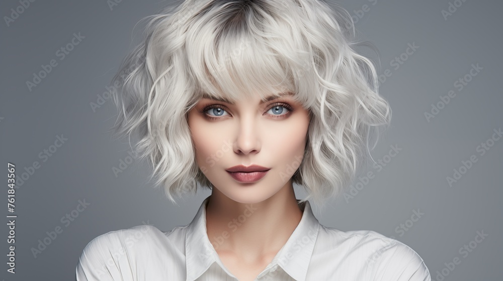 Studio image capturing a Stunning white woman with mature features, looking directly at the camera on a gray background, sporting a Bangs hairstyle Studio image capturing a Stunning white woman with mature features, looking directly at the camera on a gray background, sporting a Bangs hairstyle