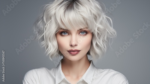 Studio image capturing a Stunning white woman with mature features, looking directly at the camera on a gray background, sporting a Bangs hairstyle
