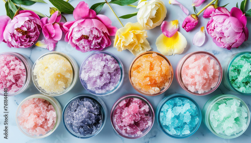 Fototapeta Naklejka Na Ścianę i Meble -  colorful body scrubs collection with fresh peonies on a light background