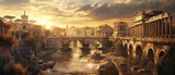 Panoramic view of Ancient Rome city at sunset, scenery of old historical buildings, sun and sky. Theme of Roman empire, antique, travel, italy, background.