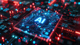 AI processor on circuit board, microchip of artificial intelligence on pcb. Theme of chip, computer technology, cpu, data, light, semiconductor