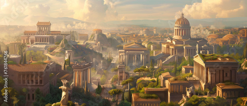 Ancient Rome city in summer, aerial panoramic view old historical buildings and sky. Theme of Roman empire, antique, history, travel, italy, background