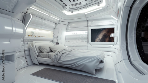 Bedroom in spaceship, white interior design of starship, inside futuristic spacecraft. Theme of space, technology, future, room, bed, travel, sci-fi,