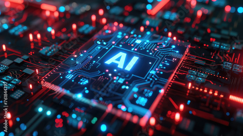 AI processor on circuit board, microchip of artificial intelligence on pcb. Theme of chip, computer technology, cpu, data, light, semiconductor