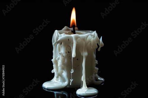 Burning candle with melting wax on dark background