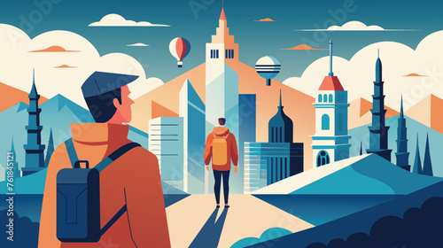 Traveler Gazing at a Stylized Cityscape During Sunset