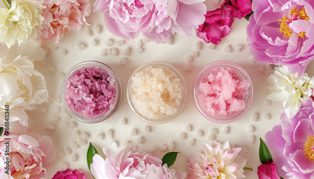 Top view of body scrubs display surrounded by lush peonies on soft surface Top view of body scrubs display surrounded by lush peonies on soft surface