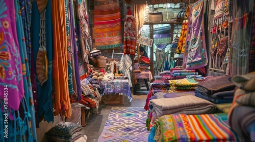 A whimsical boho market scene with colorful textiles and handcrafted goods,