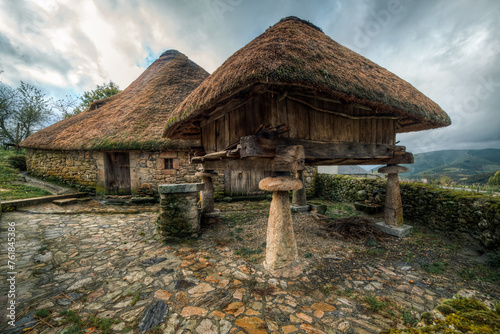 The mythical Pallozas de Piornedo Millenary stone and thatched roof constructions photo
