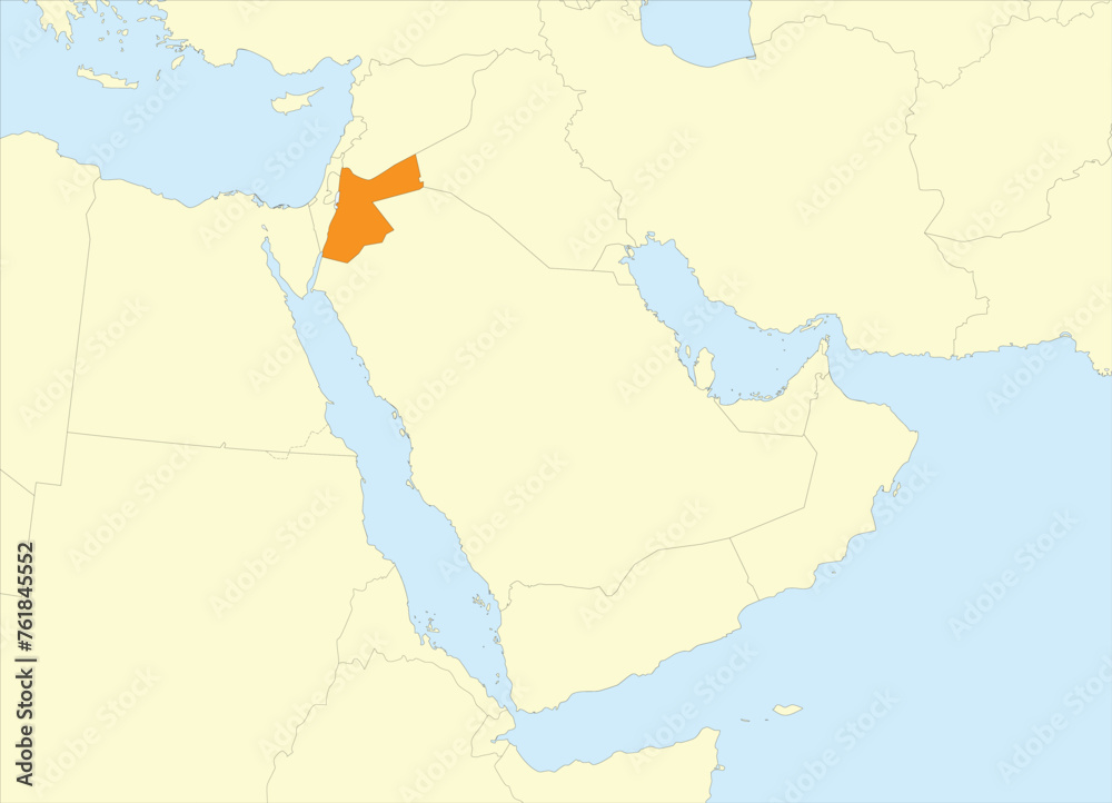  Orange detailed CMYK blank political map of JORDAN with black national country borders on beige continent background and blue sea surfaces using orthographic projection of the Middle East