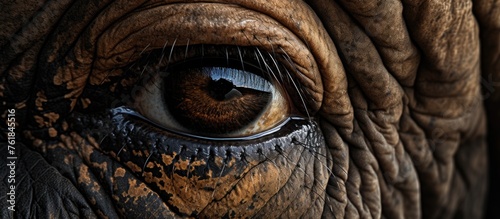 A closeup of an elephants eye with wrinkled skin, long eyelashes, and a dark iris. The terrestrial animals eye shows the wear of a working animal in the wild