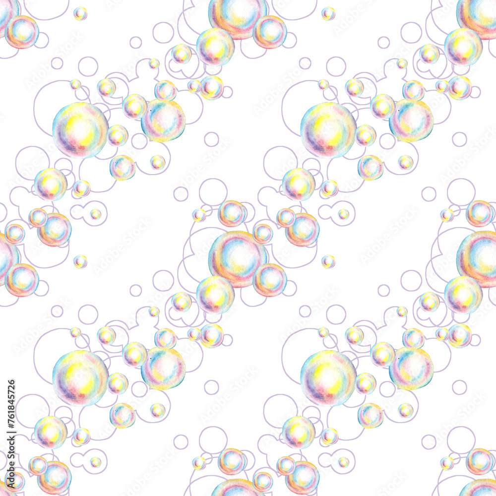 Watercolor illustration seamless pattern with soap bubbles and contours. Summer toy symbol, bath time, carnival, bubble party. Isolated, hand drawn. For the design of banners, postcards, flyers, Watercolor illustration seamless pattern with soap bubbles and contours. Summer toy symbol, bath time, carnival, bubble party. Isolated, hand drawn. For the design of banners, postcards, flyers,