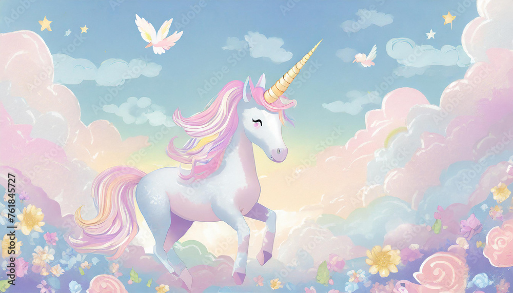 Licorne dans un paysage avec des fleurs, univers coloré aux couleurs de princesses. Licorne dans un paysage avec des fleurs, univers coloré aux couleurs de princesses.