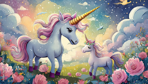 Licornes dans un paysage avec des fleurs, univers coloré aux couleurs de princesses. 