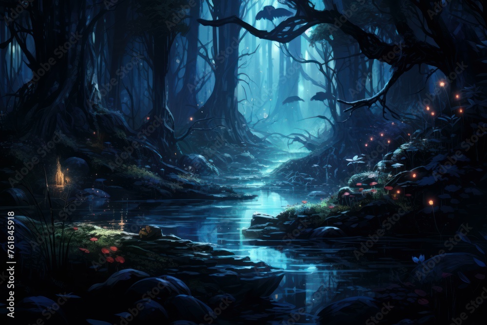 Naklejka premium Verdant Night forest jungle. Wood creepy. Generate Ai