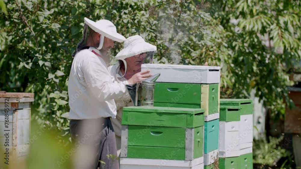 Two beekeepers in protective suits are harvesting honey at apiary. Carefully extract sweet nectar from honeycombs enjoying process Aroma of honey fills air Working diligently ensure delicious honey. Two beekeepers in protective suits are harvesting honey at apiary. Carefully extract sweet nectar from honeycombs enjoying process Aroma of honey fills air Working diligently ensure delicious honey.