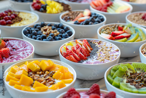 Assorted fruit bowls with various toppings on a light background