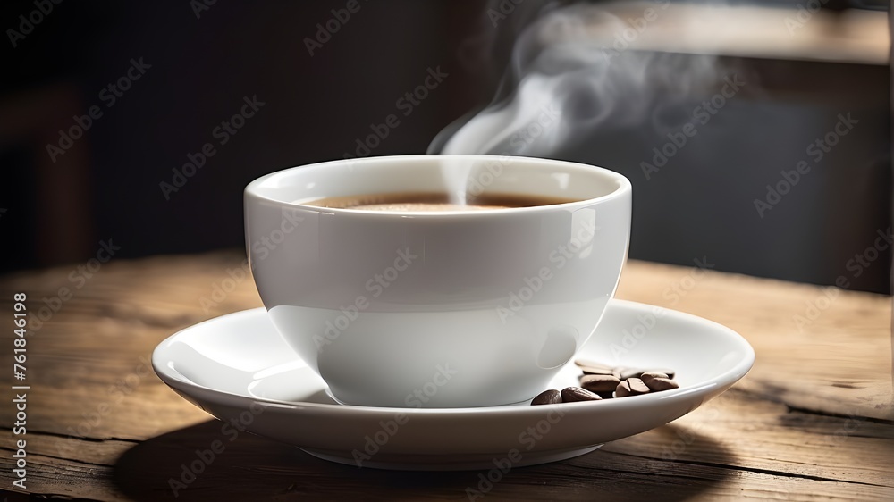 On a rustic wooden table sits a pristine white coffee cup, its ceramic surface gleaming softly in the light. Steam rises gently from the cup, indicating the warmth of the beverage within. On a rustic wooden table sits a pristine white coffee cup, its ceramic surface gleaming softly in the light. Steam rises gently from the cup, indicating the warmth of the beverage within.