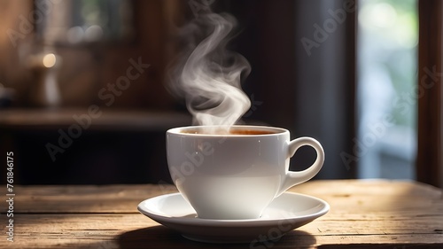 On a rustic wooden table sits a pristine white coffee cup, its ceramic surface gleaming softly in the light. Steam rises gently from the cup, indicating the warmth of the beverage 