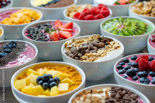 Assorted colorful smoothie bowls with fruits and toppings